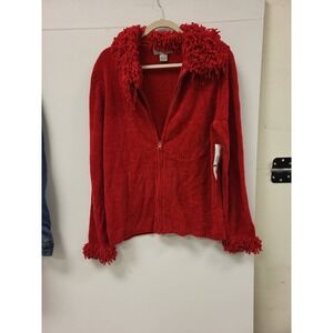 Designers Originals Studio Red Cardigan Fringe Acrylic Zip Front Womens L